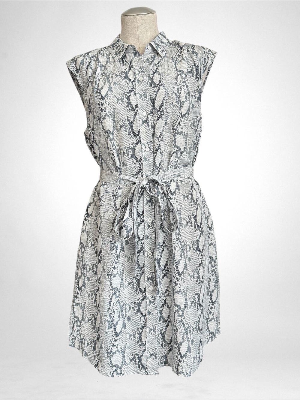 FRAME Silk Snake Print Shirtdress | Gris Multi | Size L | Belted